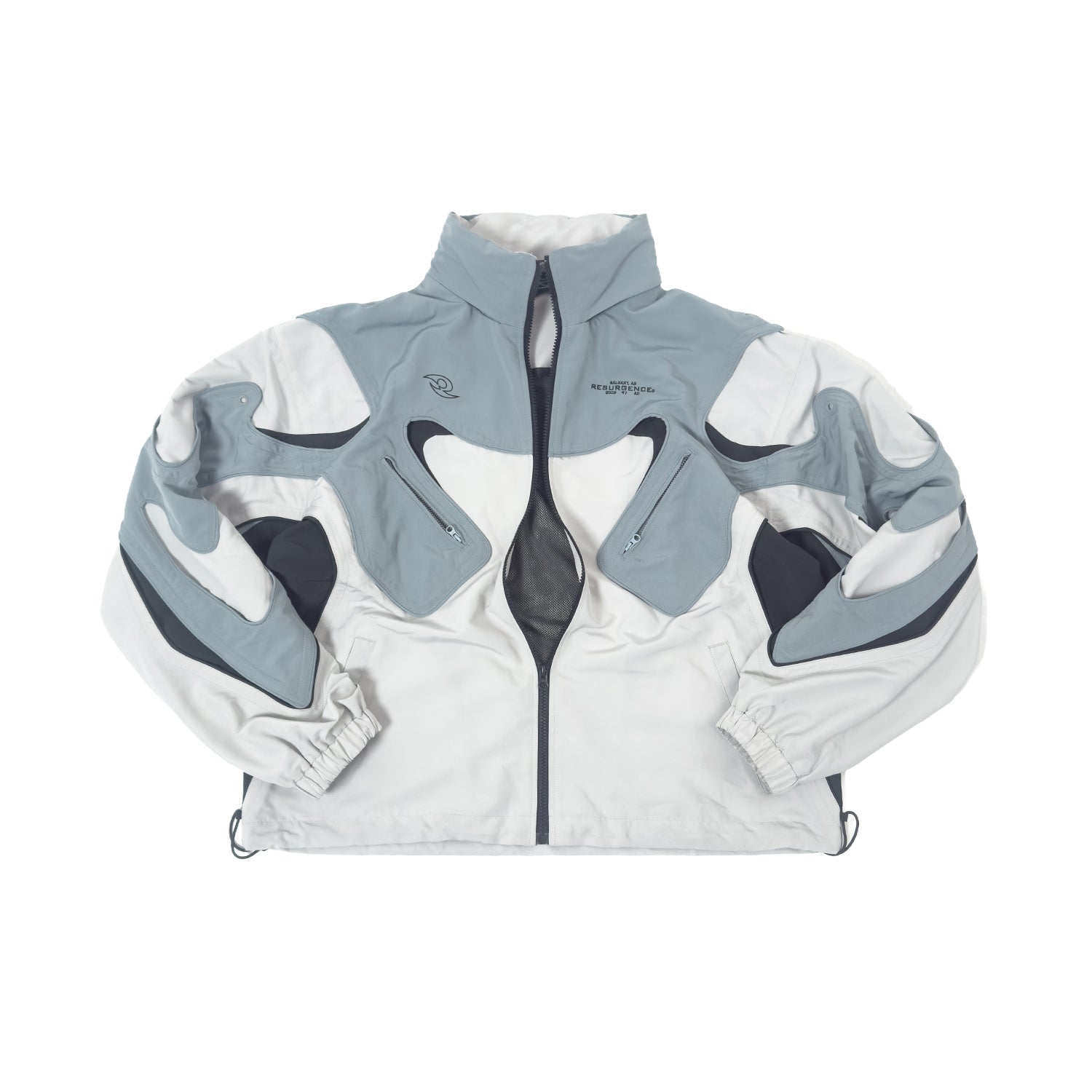 Gray and white jacket with geometric patterns on a white background